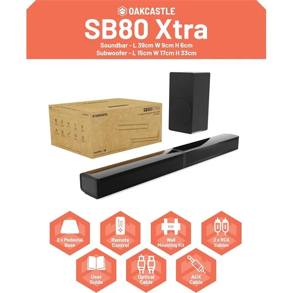 Oakcastle Hangszóró Soundbar - SB80 Xtra Split (200W, Bluetooth 5.3, HDMI ARC, AUX, USB, Optikai, Távírányító) – 2. kép