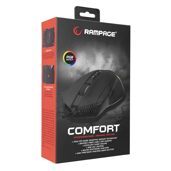 Rampage Egér Gamer - SMX-G39 COMFORT (7200DPI, 8 gomb, makro, RGB LED, harisnyázott kábel, fekete) – 8. kép
