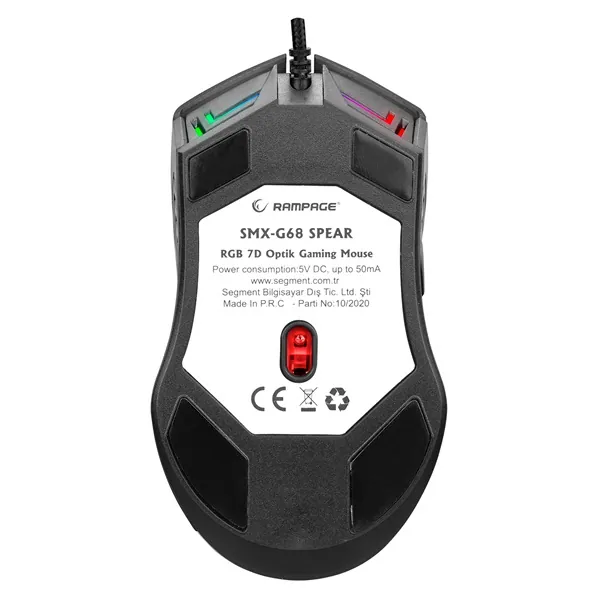 Rampage Egér Gamer - SMX-G68 SPEAR (7200DPI, 7 gomb, makro, RGB LED, 1,5m harisnyázott kábel, fekete) – 6. kép