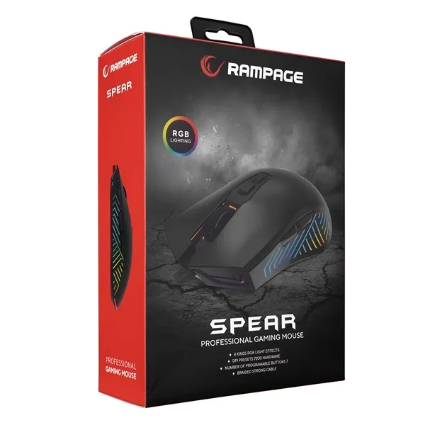 Rampage Egér Gamer - SMX-G68 SPEAR (7200DPI, 7 gomb, makro, RGB LED, 1,5m harisnyázott kábel, fekete) – 7. kép