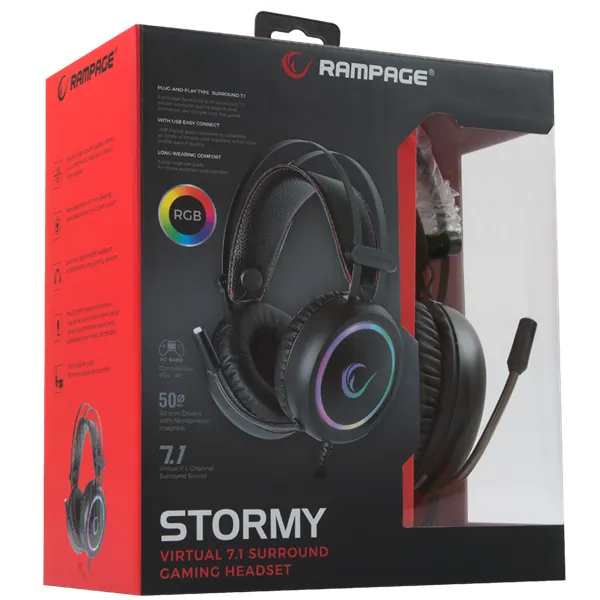 Rampage Fejhallgató - STORMY RGB (7.1, mikrofon, USB, hangerőszabályzó, nagy-párnás, 2m kábel, fekete) – 5. kép