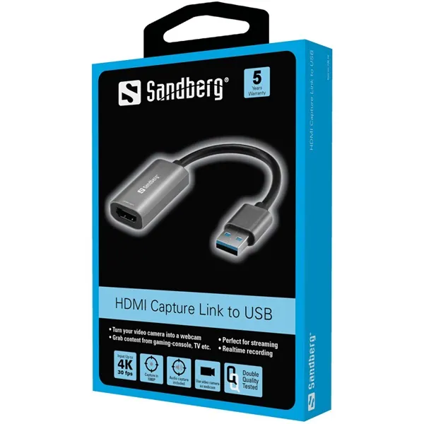 Sandberg Kábel Átalakító - HDMI Capture Link to USB (szürke; HDMI bemenet - USB-A2.0 kimenet) – 2. kép