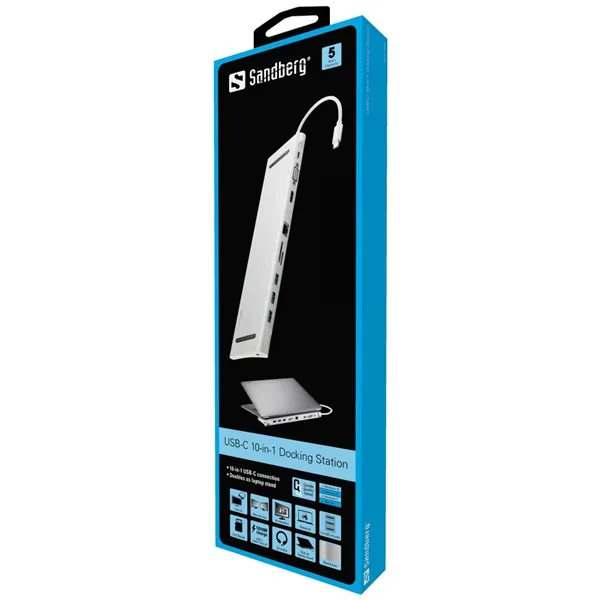 Sandberg Notebook Dokkoló - USB-C 10-in-1 Docking Station (USB-C, HDMI/VGA, 3x USB3.0, 1x RJ-45, Audio, kártyaolvasó) – 3. kép