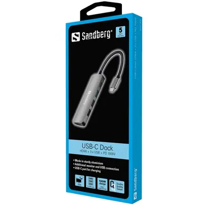 Sandberg Notebook Dokkoló - USB-C Dock HDMI+3xUSB+PD 100W (USB-C bemenet; HDMI+USB-C+1xUSB-A3.0+2xUSB-A2.0 kimenet) – 2. kép