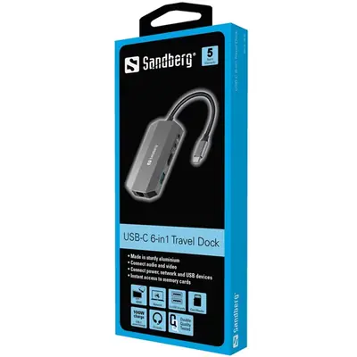 Sandberg Notebook Dokkoló - USB-C 6in1 Travel Dock (USB-C bemenet; HDMI+2xUSB3.0+USB-C+RJ45+SD kimenet) – 2. kép