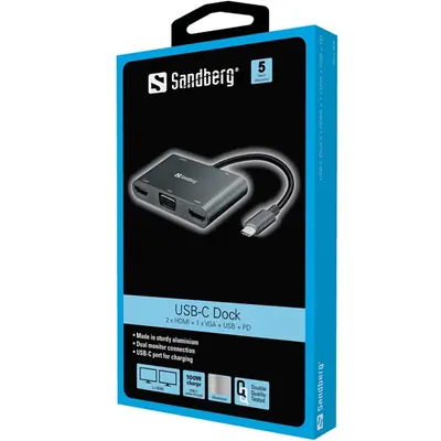 Sandberg Notebook Dokkoló - USB-C Dock (USB-C bemenet; 2xHDMI+USB-A3.0+1xVGA kimenet) – 2. kép