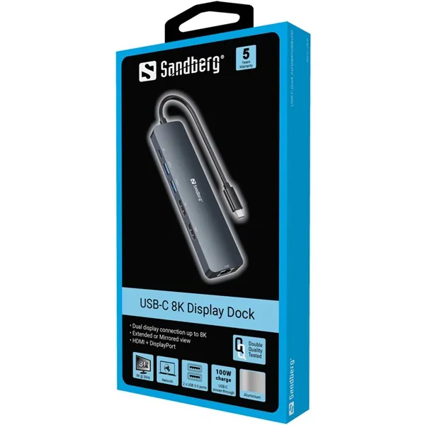 Sandberg Notebook Dokkoló - USB-C 8K Display Dock (Bemenet: USB-C; Kimenet: HDMI+DP+2xUSB-A3.0+USB-C+RJ45; 8K/30Hz) – 4. kép