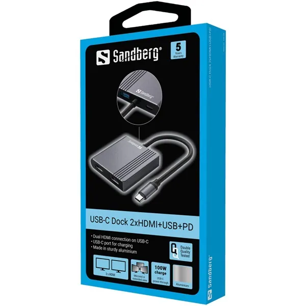 Sandberg Notebook Dokkoló - USB-C Dock 2xHDMI+USB+PD (Bemenet: USB-C; Kimenet: 2xHDMI+USB-A3.0+USB-C) – 8. kép