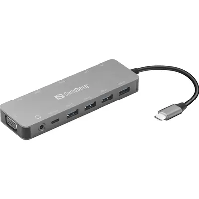 Sandberg Notebook Dokkoló - USB-C 13-in-1 Travel Dock (Bemenet: USB-C, Kimenet: USB-C+3xUSB-A+2xHDMI+VGA+RJ-45+Audio)