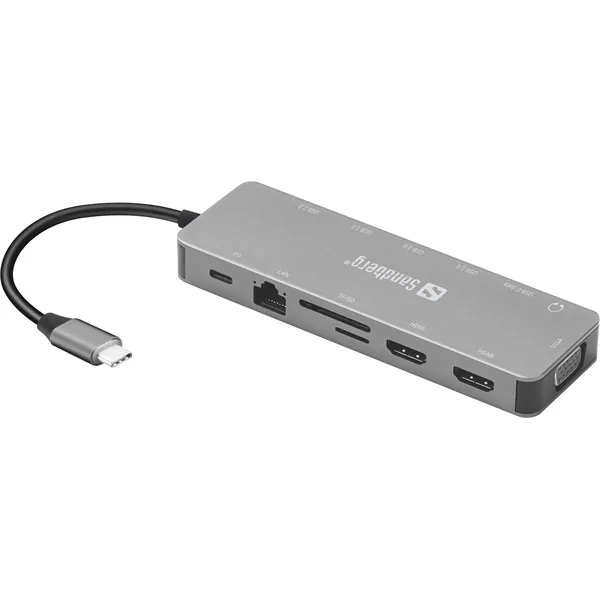 Sandberg Notebook Dokkoló - USB-C 13-in-1 Travel Dock (Bemenet: USB-C, Kimenet: USB-C+3xUSB-A+2xHDMI+VGA+RJ-45+Audio) – 2. kép