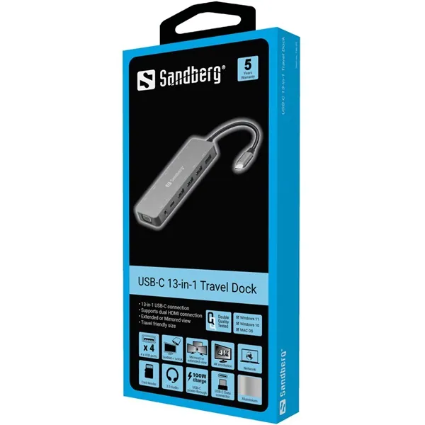 Sandberg Notebook Dokkoló - USB-C 13-in-1 Travel Dock (Bemenet: USB-C, Kimenet: USB-C+3xUSB-A+2xHDMI+VGA+RJ-45+Audio) – 3. kép