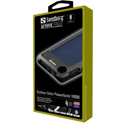 Sandberg Akkubank - Outdoor Solar Powerbank 10000 (napelem; vízálló, elemlámpa; USB-C+USB-A) – 2. kép