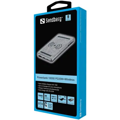 Sandberg Akkubank - Powerbank 10000 PD20W+Wireless (Csatlakozók: MicroUSB/USB-C/USB-A, vezeték nélküli telefontöltés) – 2. kép