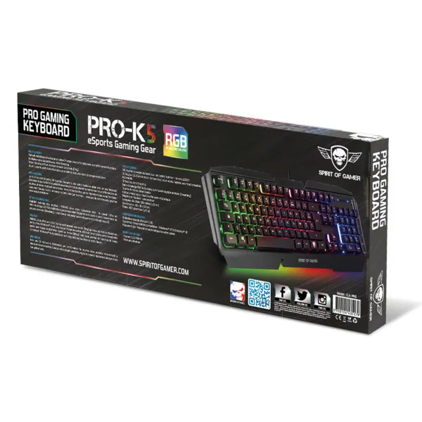 Spirit of Gamer Billentyűzet - PRO-K5 (105 gomb, Fém felső rész, RGB LED, USB, 19 anti-ghost, fekete, magyar) – 6. kép