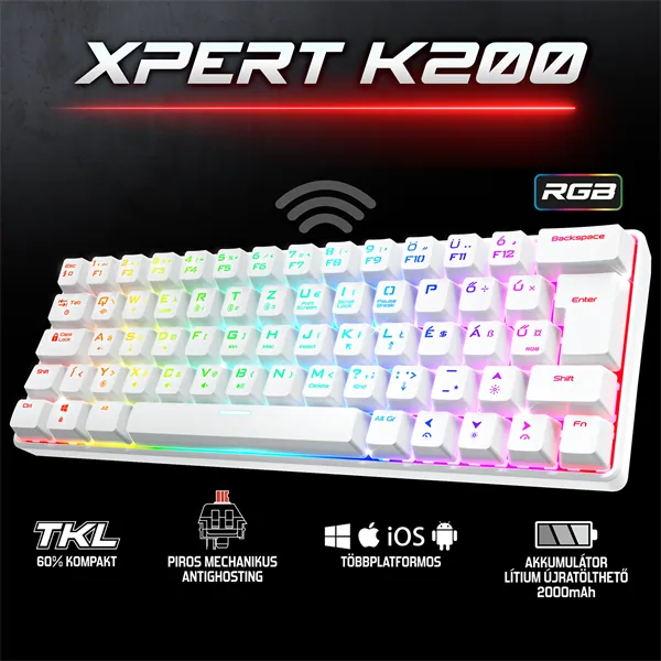 Spirit of Gamer Billentyűzet Mechanikus - XPERT K200 White (TKL, SOG red, RGB LED,USB, anti-ghosting, fehér, magyar) – 2. kép