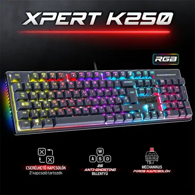 Spirit of Gamer Billentyűzet Mechanikus - XPERT K250 (105 gomb, SOG red, RGB LED,USB, anti-ghosting, fekete, magyar) – 2. kép