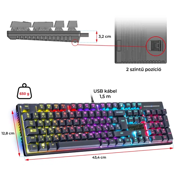 Spirit of Gamer Billentyűzet Mechanikus - XPERT K250 (105 gomb, SOG red, RGB LED,USB, anti-ghosting, fekete, magyar) – 6. kép