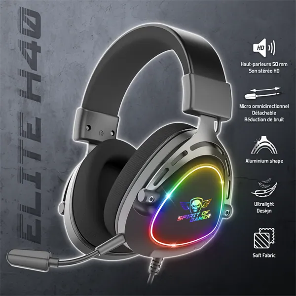 Spirit of Gamer Fejhallgató - ELITE H40 Black (MultiPlatform, RGB, 3.5mm Jack, mikrofon, hangerőszabályzó, nagy-párnás) – 2. kép