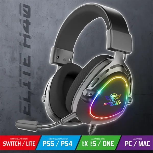 Spirit of Gamer Fejhallgató - ELITE H40 Black (MultiPlatform, RGB, 3.5mm Jack, mikrofon, hangerőszabályzó, nagy-párnás) – 3. kép