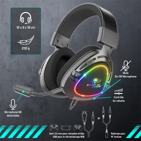 Spirit of Gamer Fejhallgató - ELITE H40 Black (MultiPlatform, RGB, 3.5mm Jack, mikrofon, hangerőszabályzó, nagy-párnás) – 8. kép