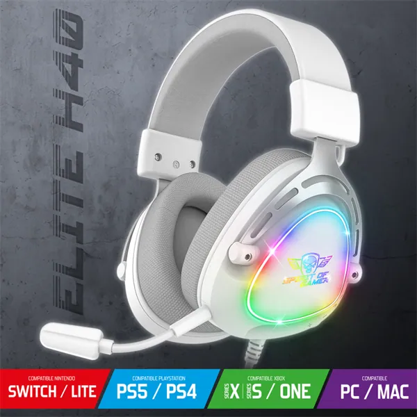 Spirit of Gamer Fejhallgató - ELITE H40 White (MultiPlatform, RGB, 3.5mm Jack, mikrofon, hangerőszabályzó, nagy-párnás) – 3. kép