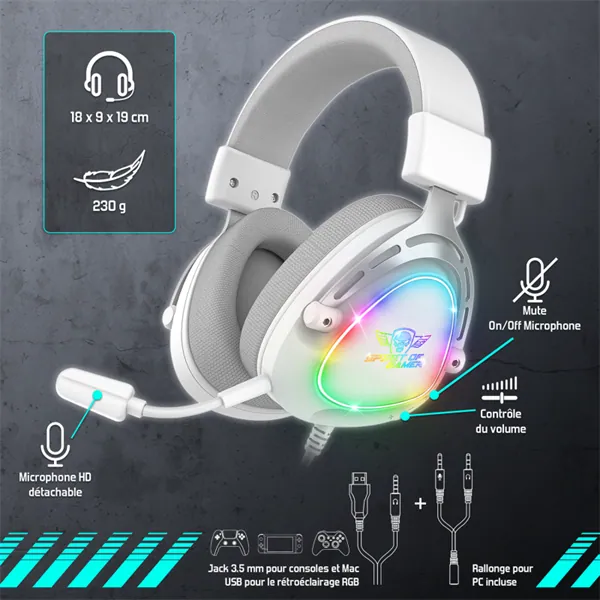 Spirit of Gamer Fejhallgató - ELITE H40 White (MultiPlatform, RGB, 3.5mm Jack, mikrofon, hangerőszabályzó, nagy-párnás) – 8. kép