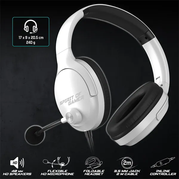 Spirit of Gamer Fejhallgató - PRO-H4 White (MultiPlatform, mikrofon, 3.5mm jack, hangerőszabályzó, fehér) – 3. kép