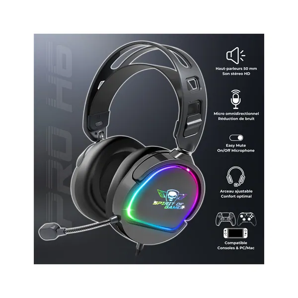Spirit of Gamer Fejhallgató - PRO-H6 RGB Black (MultiPlatform, mikrofon, 3.5mm jack, hangerőszabályzó, 2m kábel, fekete) – 2. kép