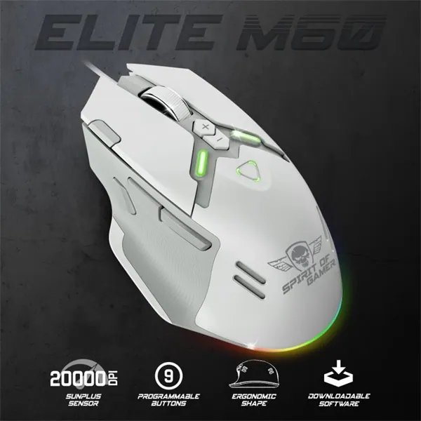Spirit of Gamer Egér - ELITE-M60 Black (Optikai, 20000 DPI, 1000Hz, 9 programozható gomb, RGB, vezetékes, fekete) – 3. kép