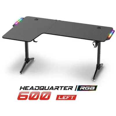 Spirit of Gamer Gamer Asztal - Headquarter 600 L (MDF lap, fém lábak, fekete, RGB LED háttérvilágítás, 160 x 60 x 75cm)
