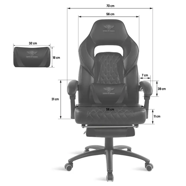 Spirit of Gamer szék - MUSTANG Black (állítható dőlés/magasság; kihajtható lábtartó; max.120kg-ig, fekete) – 6. kép