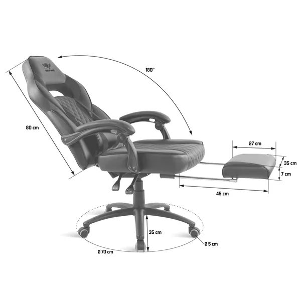 Spirit of Gamer szék - MUSTANG Black (állítható dőlés/magasság; kihajtható lábtartó; max.120kg-ig, fekete) – 8. kép