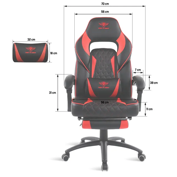 Spirit of Gamer szék - MUSTANG Red (állítható dőlés/magasság; kihajtható lábtartó; max.120kg-ig, piros) – 6. kép