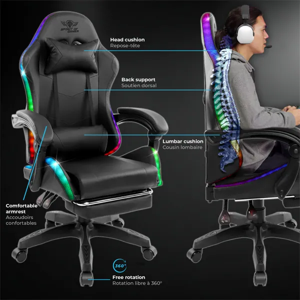 Spirit of Gamer szék - SIRIUS (RGB, állítható dőlés/magasság; kihajtható lábtartó; max.120kg-ig, fekete) – 8. kép