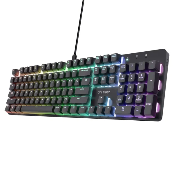 Trust Billentyűzet Gamer - GXT871 Zora (Mechanikus, Huano switch; RGB LED háttérvilágítás; USB; fekete; magyar)