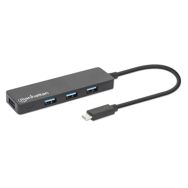 Manhattan USB HUB - 4db USB 3.0 Type-C Hub, USB-C Male to 4db USB-A Females, Fekete