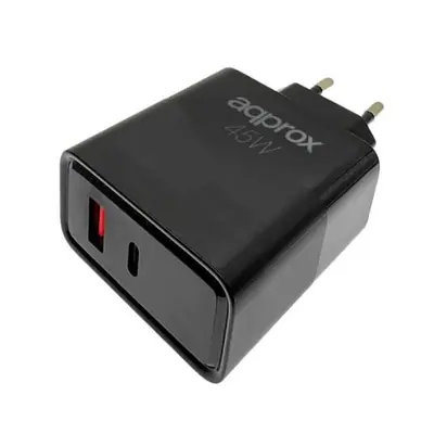 APPROX Telefontöltő - USB Type-C, USB-A port, 45W gyorstöltő + 1m USB Type-C kábel, Fekete – 2. kép