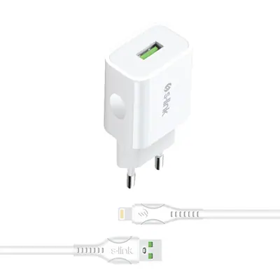 S-Link Hálózati töltő - AND-EC14B Lightning (1db USB, 5V/1A, 5W, Lightning-USB 100cm adat+töltőkábel, fehér)