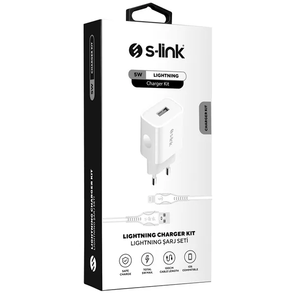 S-Link Hálózati töltő - AND-EC14B Lightning (1db USB, 5V/1A, 5W, Lightning-USB 100cm adat+töltőkábel, fehér) – 4. kép
