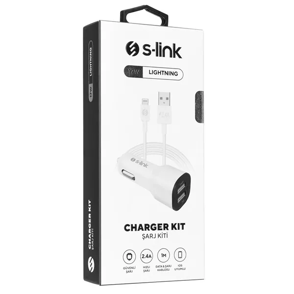 S-Link Autós töltő - SL-EC30L (2db USB, 5V/2.4A/3,4A, 17W, Lightning, 100cm adat+töltőkábel, fehér) – 5. kép