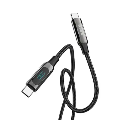 S-Link kábel - LCC-0100 (LED kijelző, 100W, Gyorstöltés, Type-C to Type-C 100cm adat+töltőkábel, fekete, fonott) – 2. kép