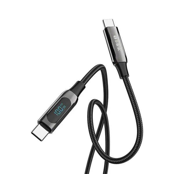 S-Link kábel - LCC-0100 (LED kijelző, 100W, Gyorstöltés, Type-C to Type-C 100cm adat+töltőkábel, fekete, fonott) – 2. kép