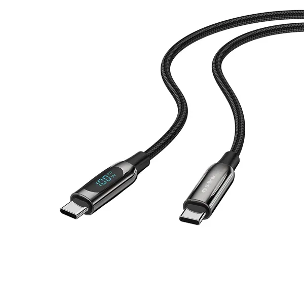 S-Link kábel - LCC-0100 (LED kijelző, 100W, Gyorstöltés, Type-C to Type-C 100cm adat+töltőkábel, fekete, fonott) – 3. kép
