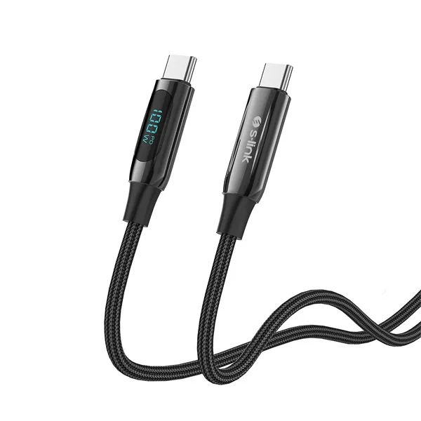 S-Link kábel - LCC-0100 (LED kijelző, 100W, Gyorstöltés, Type-C to Type-C 100cm adat+töltőkábel, fekete, fonott) – 4. kép