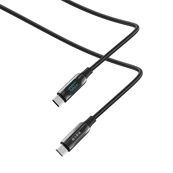 S-Link kábel - LCC-0100 (LED kijelző, 100W, Gyorstöltés, Type-C to Type-C 100cm adat+töltőkábel, fekete, fonott) – 5. kép