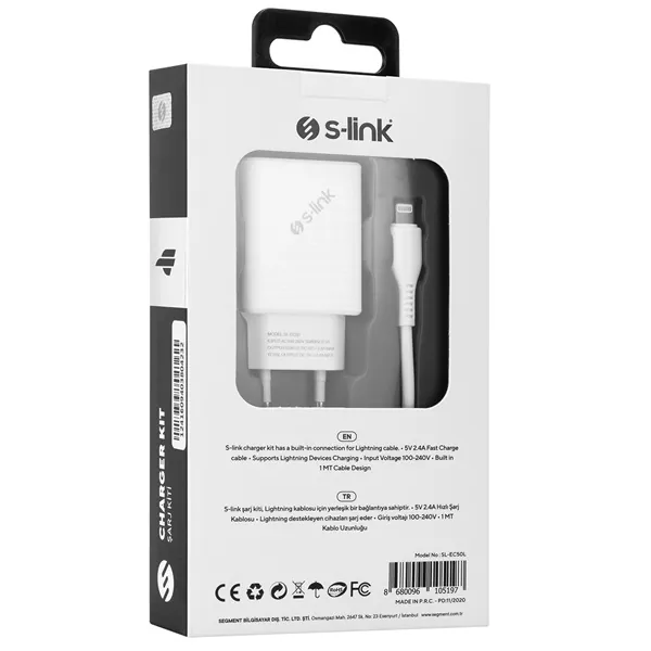 S-Link Hálózati töltő - SL-EC50L (2db USB, 5V/3A, 12W, Gyorstöltés, Lightning, 100cm adat+töltőkábel, fehér) – 8. kép