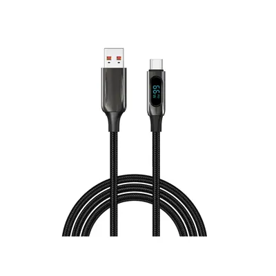 S-Link kábel - UC-066 (LED kijelző, 66W, Gyorstöltés, Type-C, 100cm adat+töltőkábel, fekete, fonott)