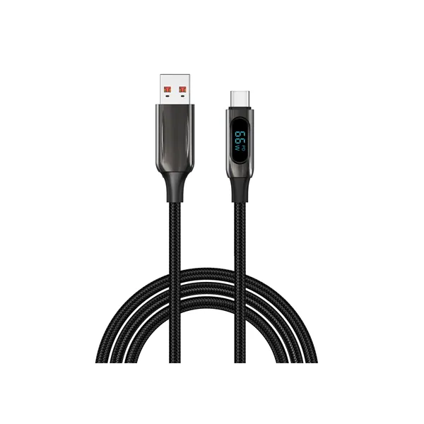 S-Link kábel - UC-066 (LED kijelző, 66W, Gyorstöltés, Type-C, 100cm adat+töltőkábel, fekete, fonott)