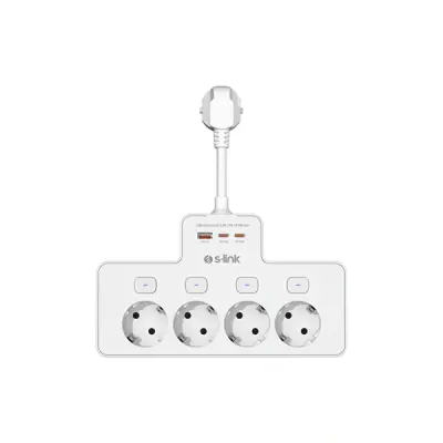S-Link Túlfeszültségvédő - PRZ08 (15cm, 210 Joule, USB-A, 2xType-C, 16A, 3.4A/5V, 3680W, 4db schuko, fehér)