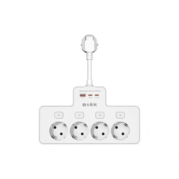 S-Link Túlfeszültségvédő - PRZ08 (15cm, 210 Joule, USB-A, 2xType-C, 16A, 3.4A/5V, 3680W, 4db schuko, fehér)